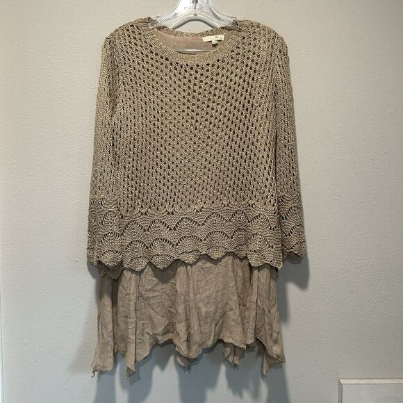 Ryu Tunic Top S/M Bow Knit Crochet Lined Shark Bite Flare Sleeve Neutral Layered - Picture 1 of 11